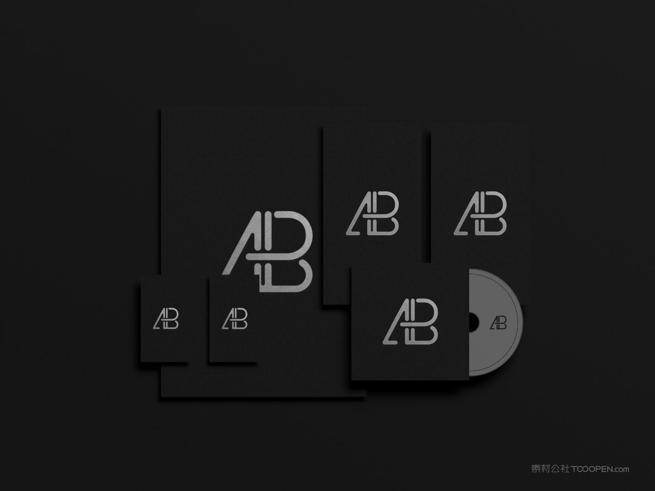 简约黑色背景VI模型样机A4纸卡片和DVD光盘