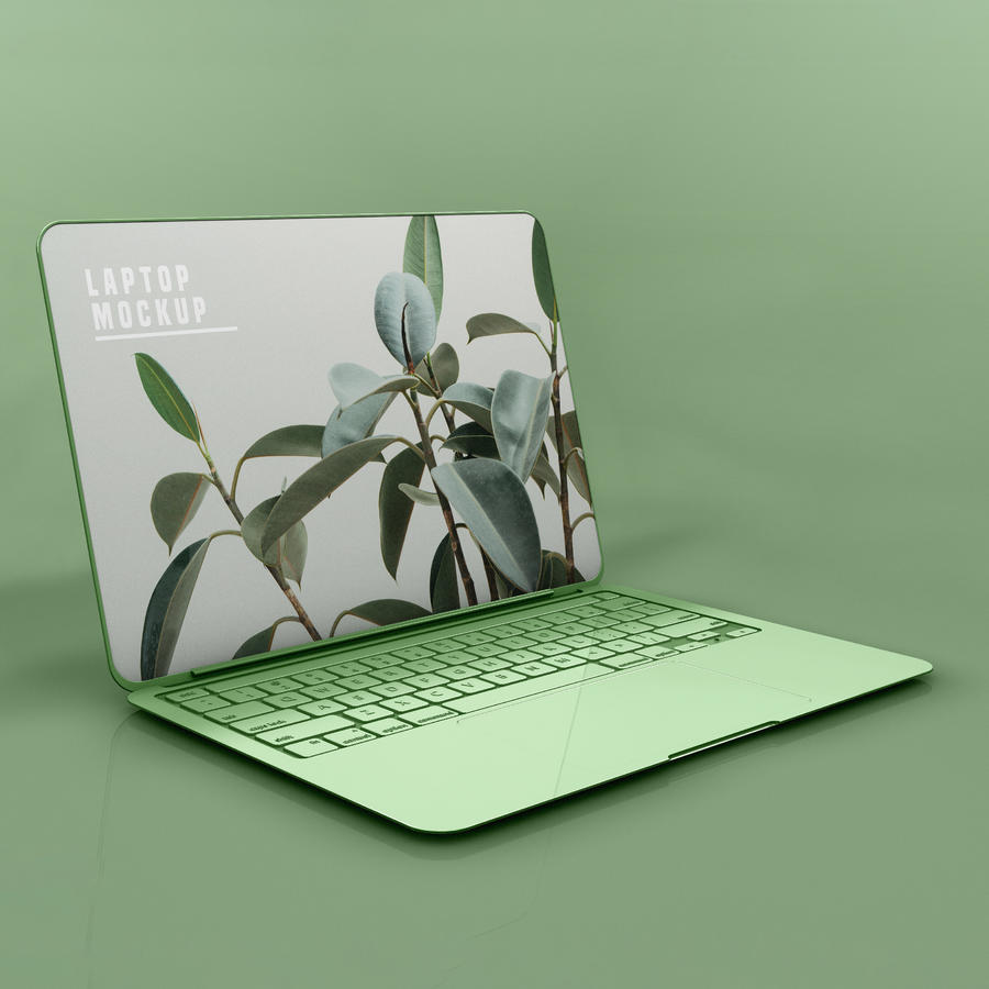 绿色背景侧视图笔记本电脑贴图样机
