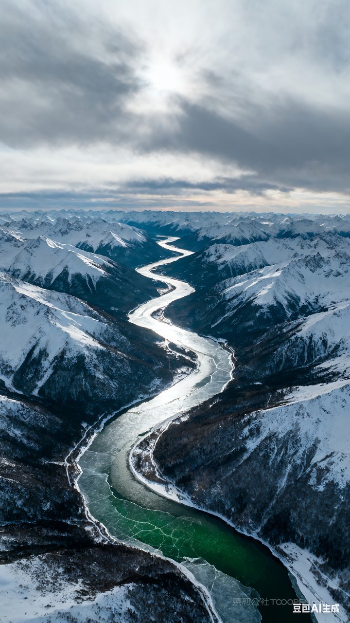 雪景雪山河流风景冬天冬季山峰唯美山水