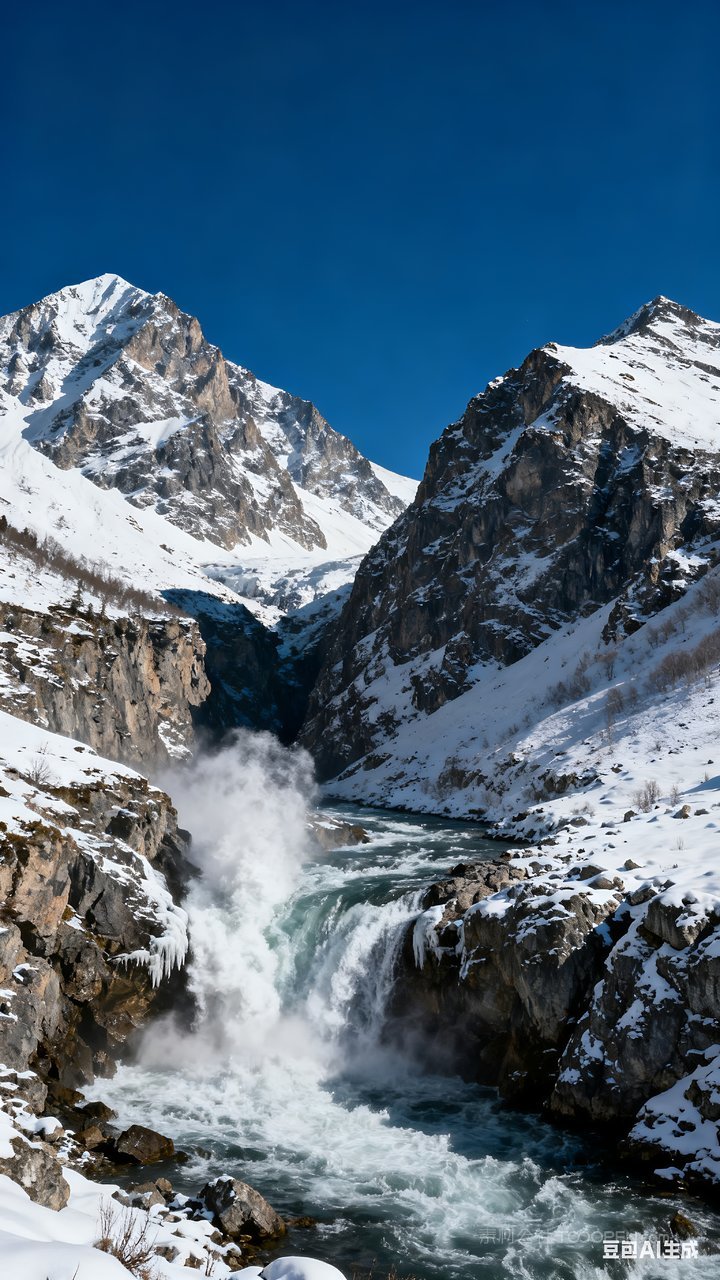 山峰冬天雪山山水冬季唯美河流雪景风景