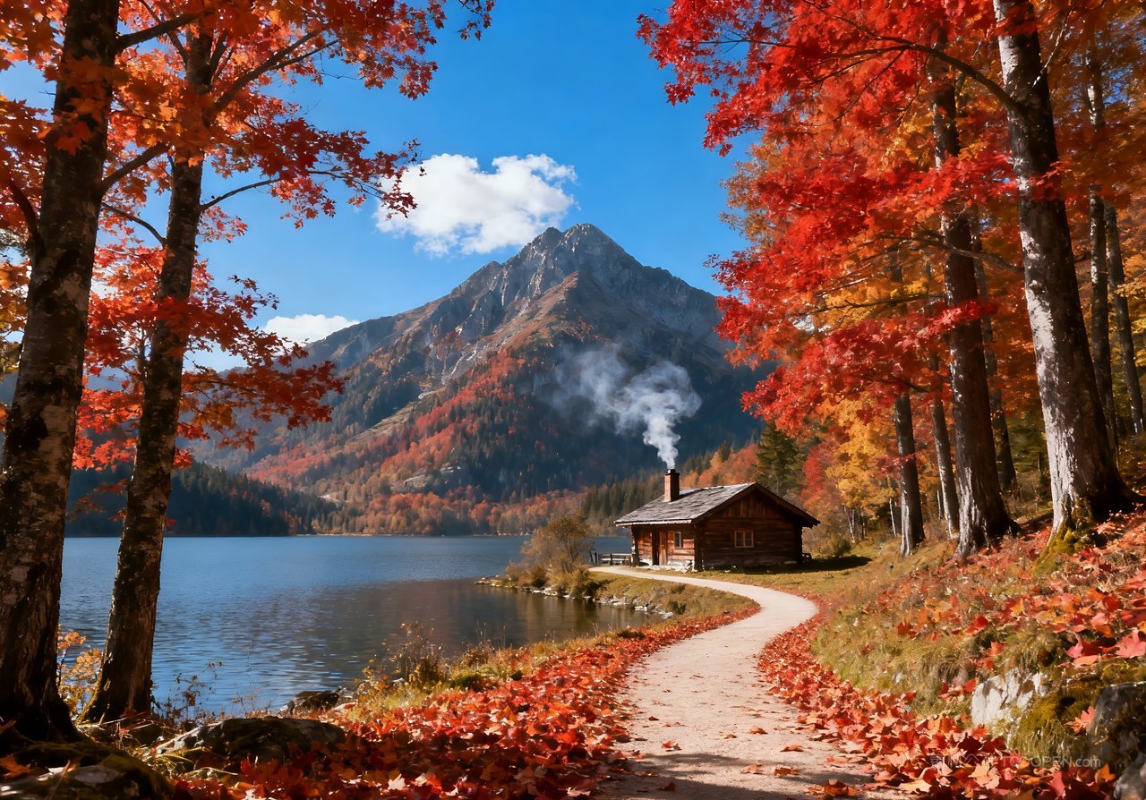 秋天天空唯美山水山峰青山湖泊意境