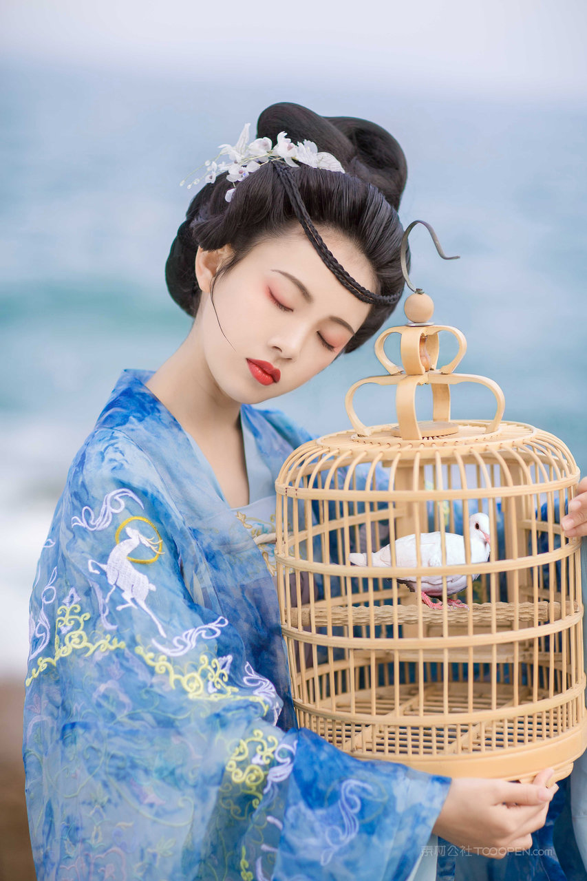 抱着鸟笼的清纯古装汉服美女艺术摄影图片