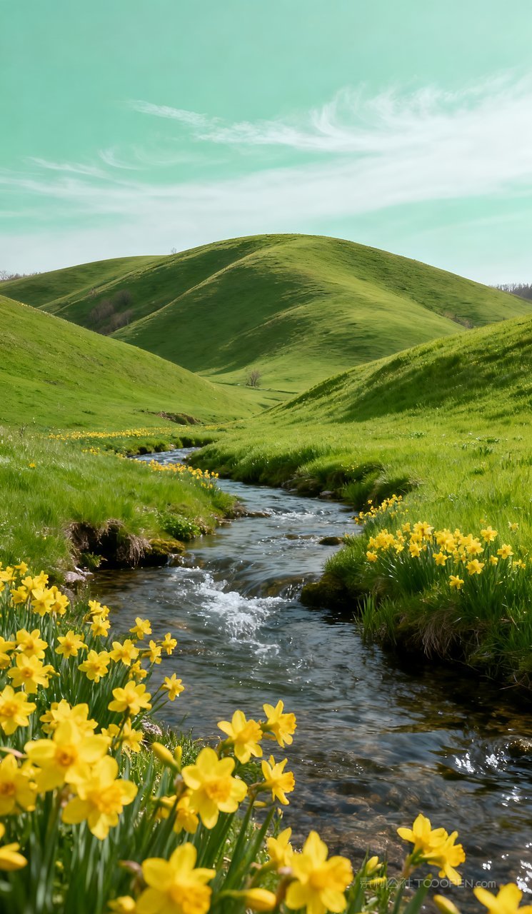 唯美河流春天山峰山水风景天空自然意境