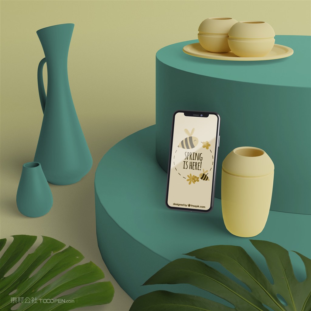 3D花瓶旁边的手机贴图样机