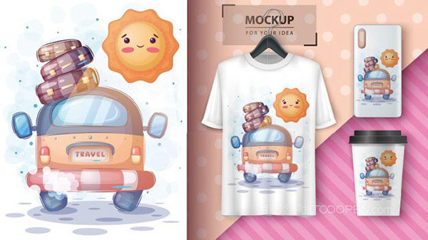 可爱的旅行插图样机