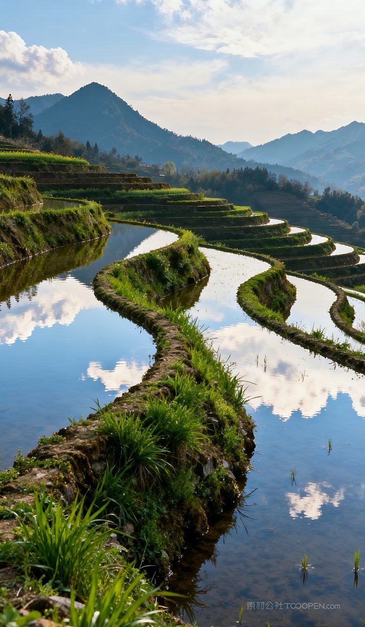 山水唯美山峰天空河流自然风景意境春天