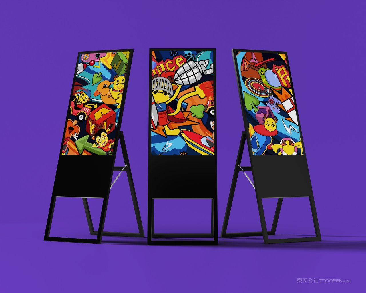 紫色传单海报画架展示潮流插画高端文旅品牌样机 (1)