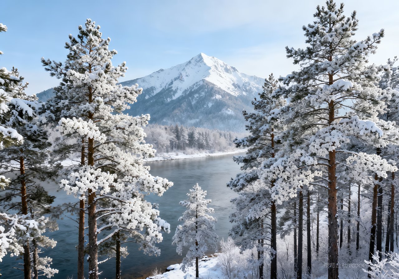 山峰冬季风景雪景唯美自然冬天河流山水