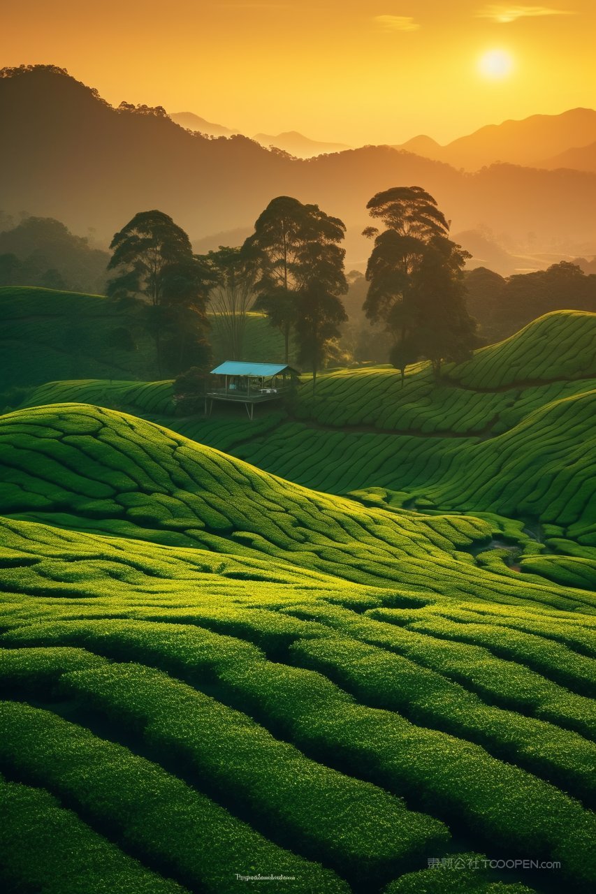 落日茶园风光采美景