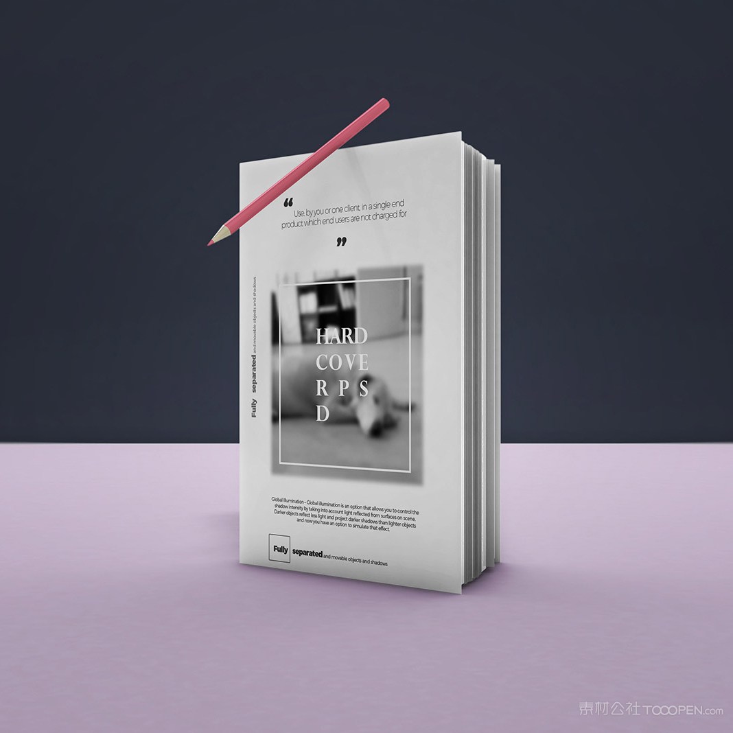 悬浮的铅笔和竖立的书籍封面贴图样机