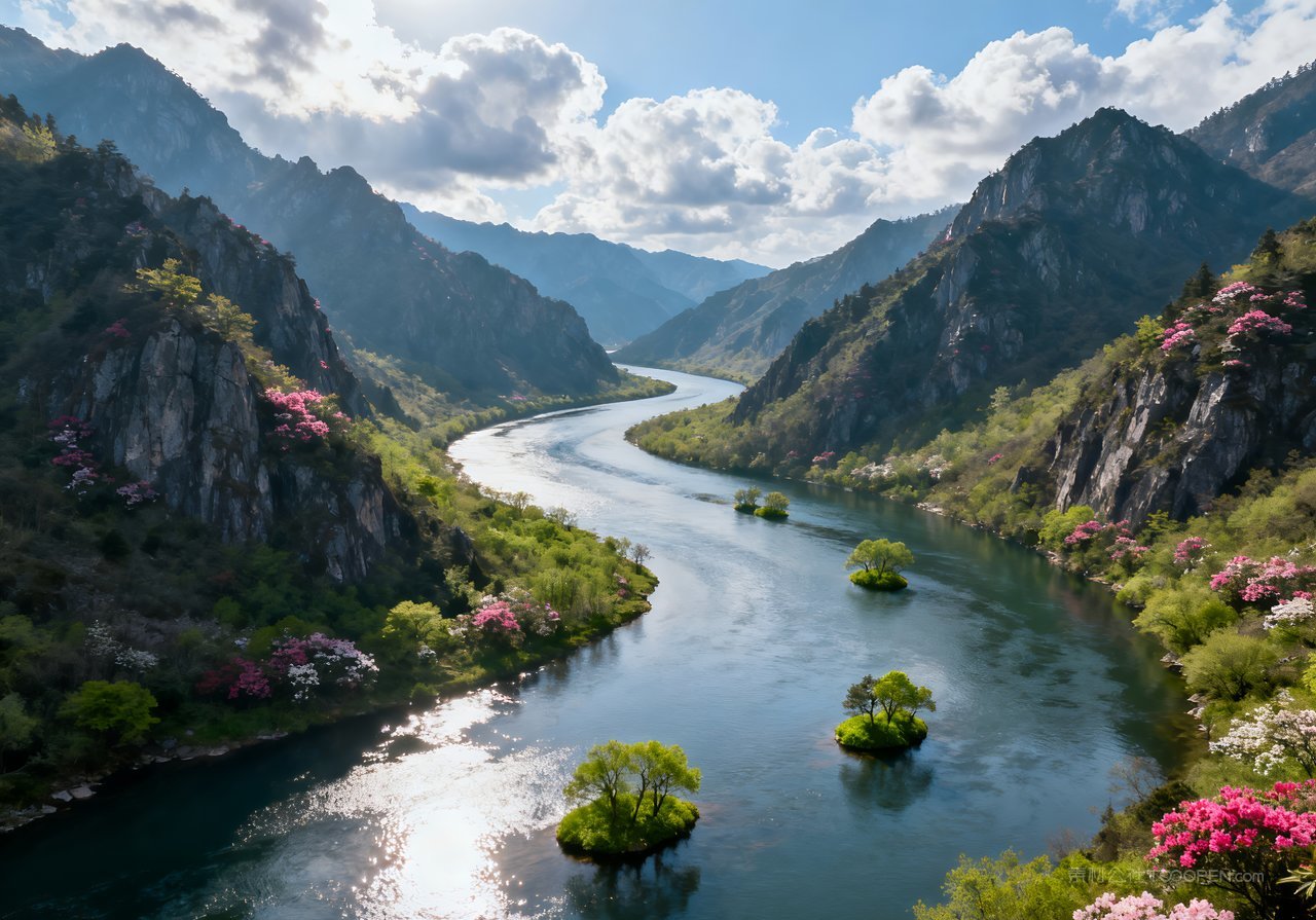 春意天空春天风景山峰唯美意境河流