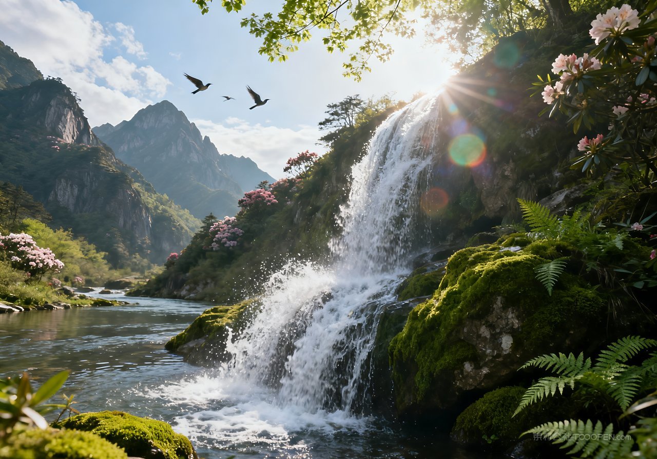 唯美意境天空山峰河流春天春意风景