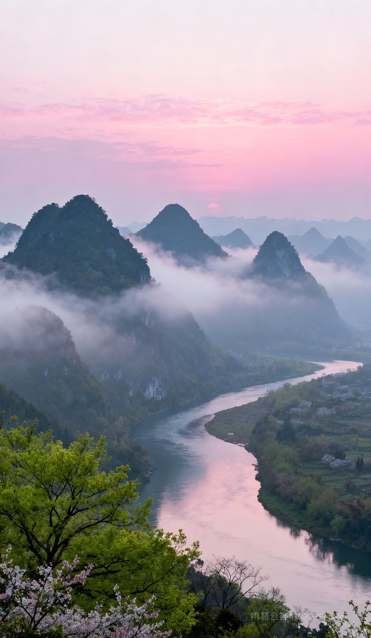 自然天空山峰春天风景唯美河流春季山水