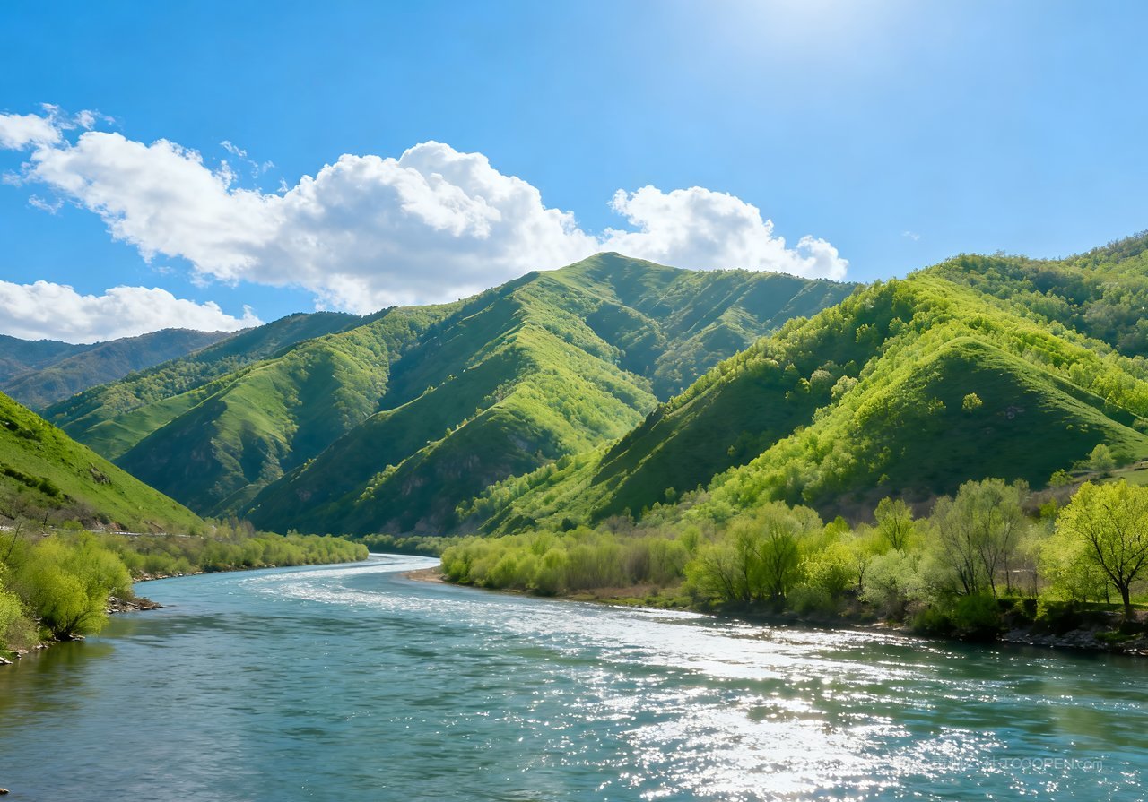 意境山峰春意河流唯美天空风景春天