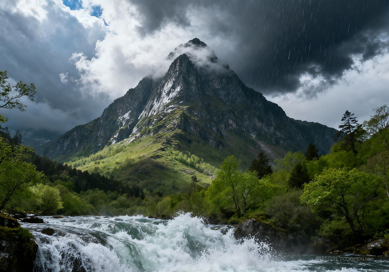 山水唯美春季风景山峰意境天空河流
