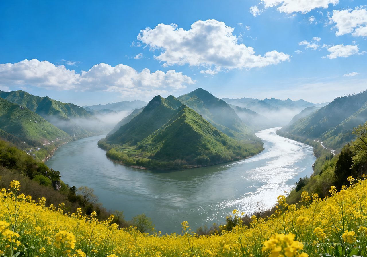 山峰山水春天唯美意境河流天空风景