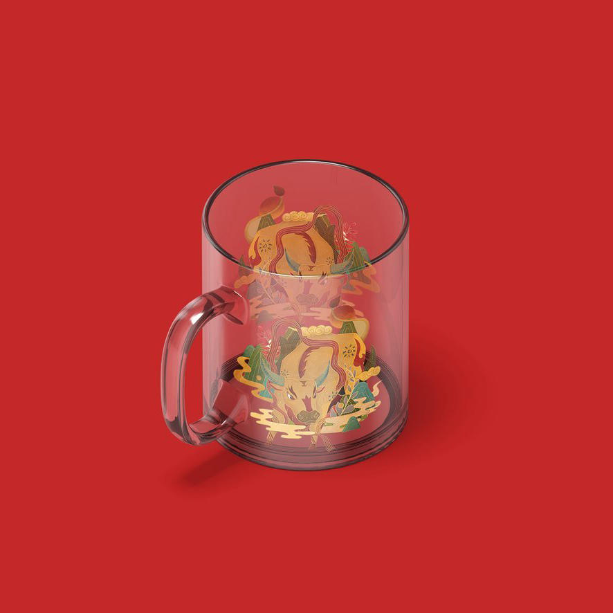 中国红马克杯咖啡杯国潮牛图腾文创样机 (4)