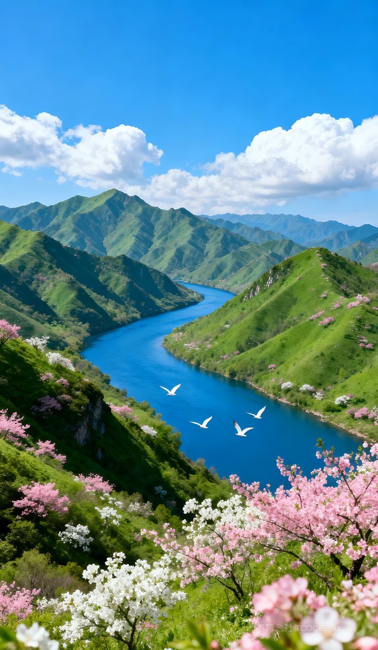 天空春天风景意境山水山峰唯美河流