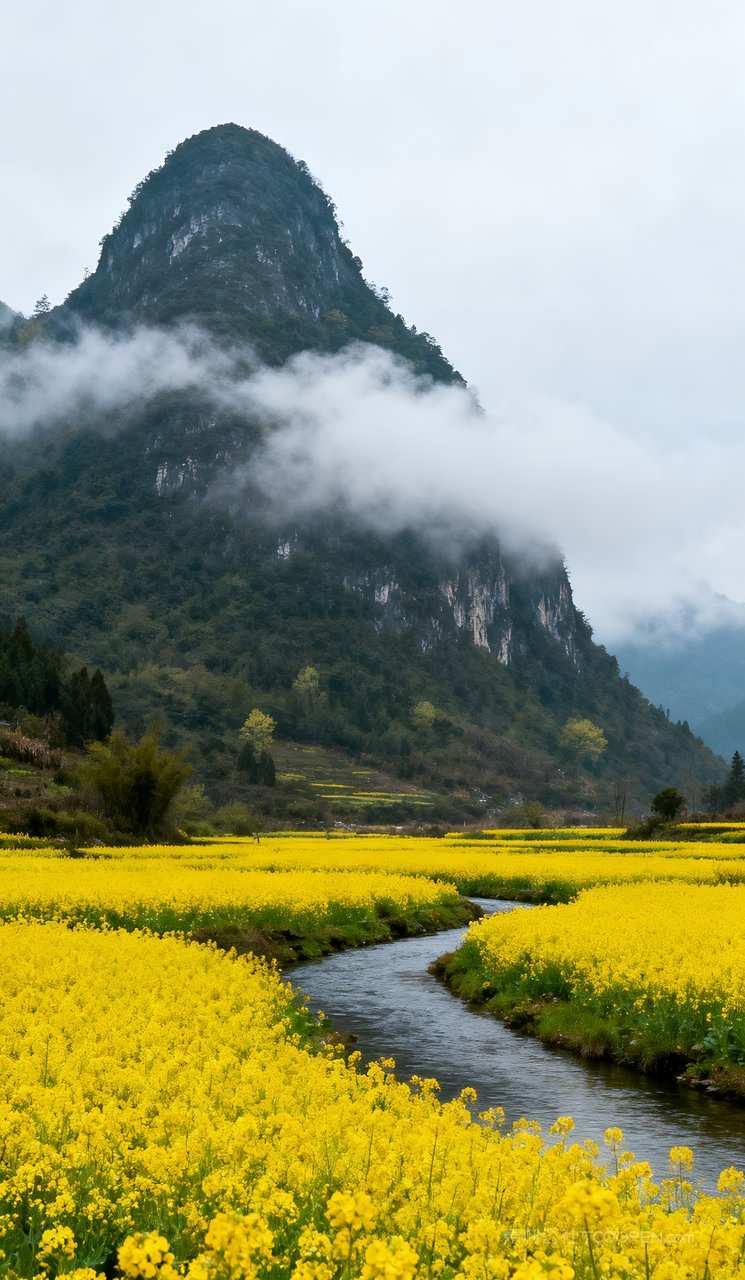 春天山峰风景自然天空山水唯美春季河流景色