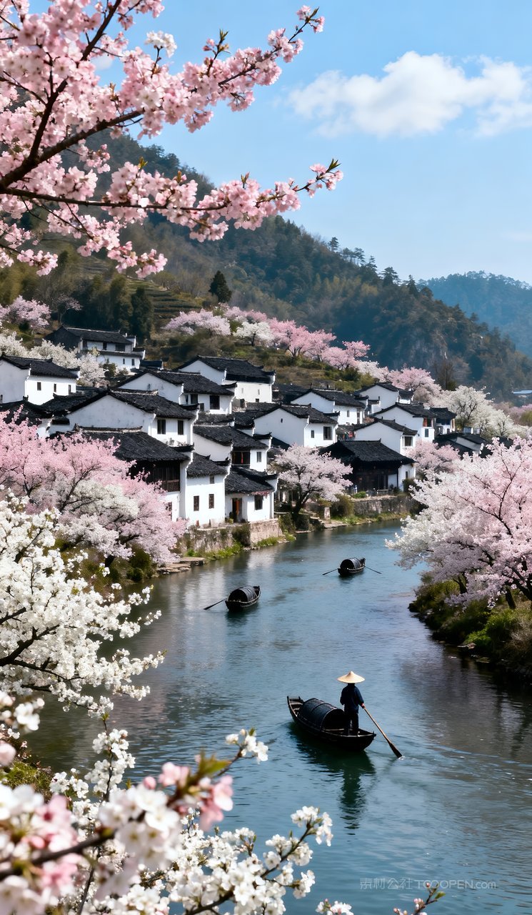 春天河流山峰景色自然风景唯美山水春季天空