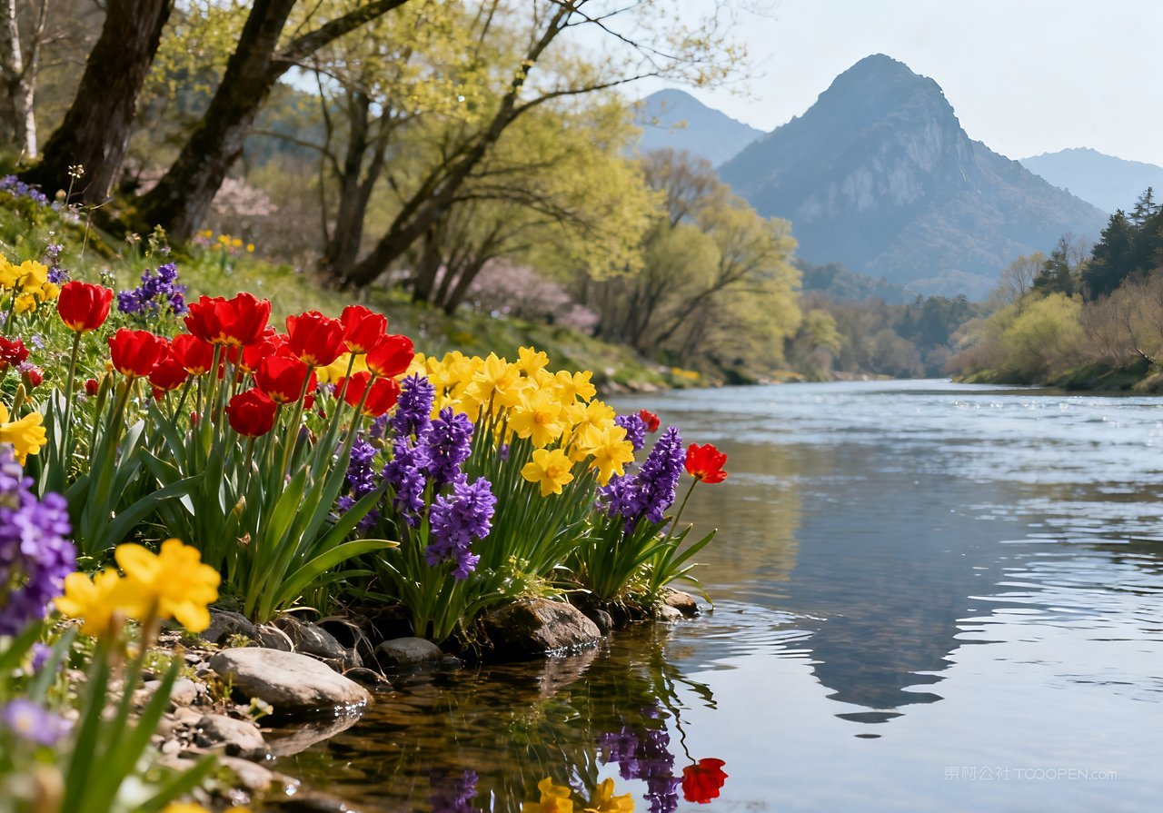 意境山水风景春季山峰天空唯美河流