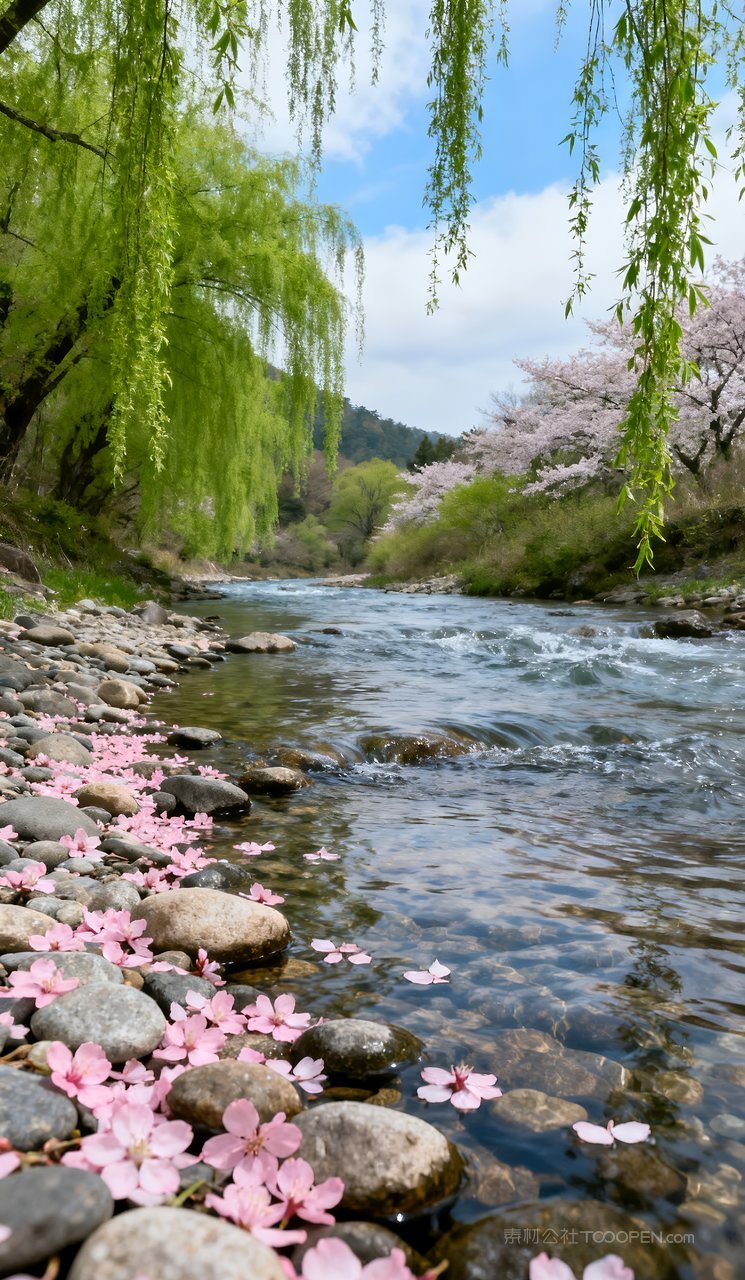 天空山峰河流春天风景意境山水唯美