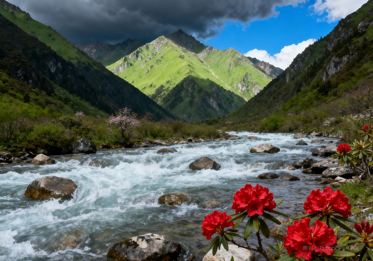 山水山峰风景春季意境唯美河流天空