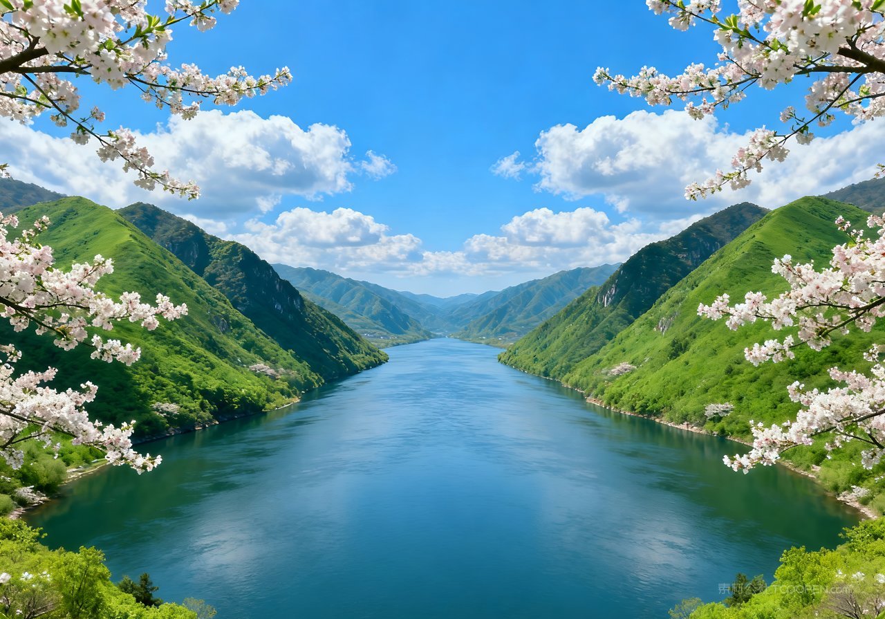 春季风景山峰唯美河流意境天空山水