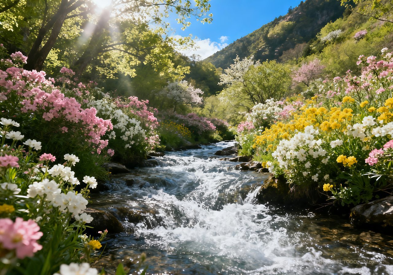 春季风景唯美山峰河流天空山水意境