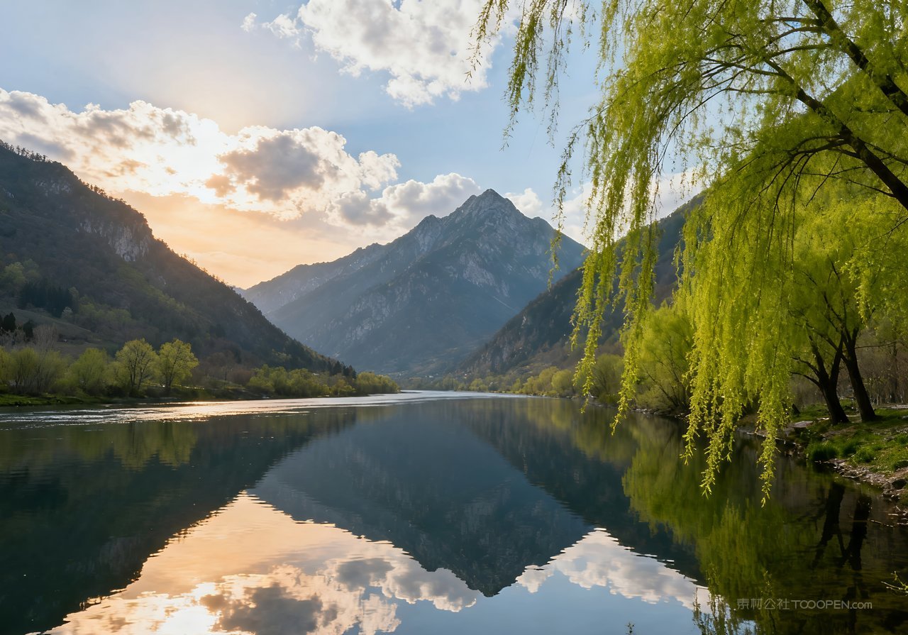 春天意境天空山峰唯美山水河流风景