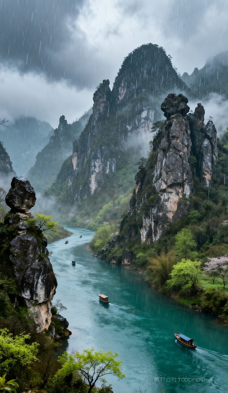 河流春天自然天空山水景色风景山峰春季唯美