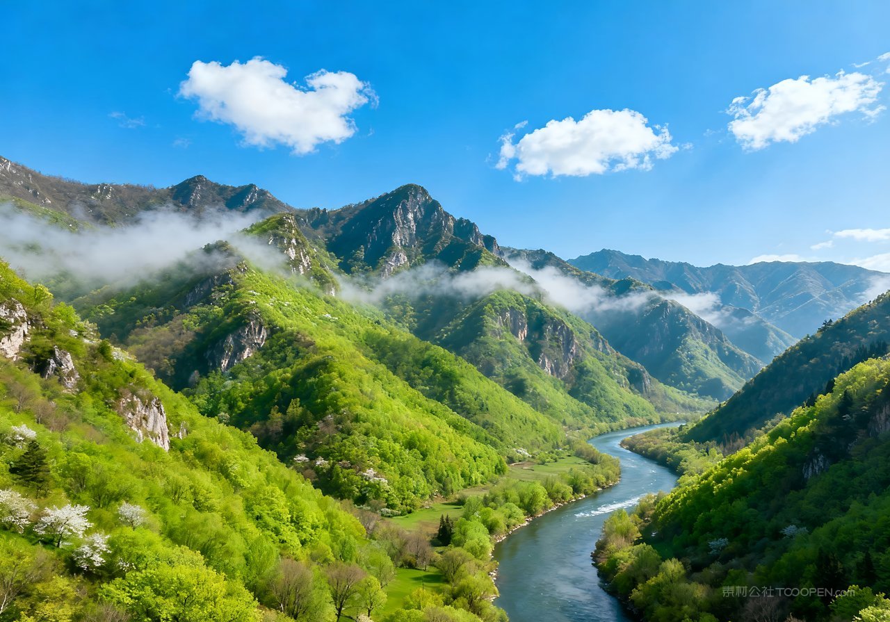自然河流山峰春意唯美春天风景天空意境