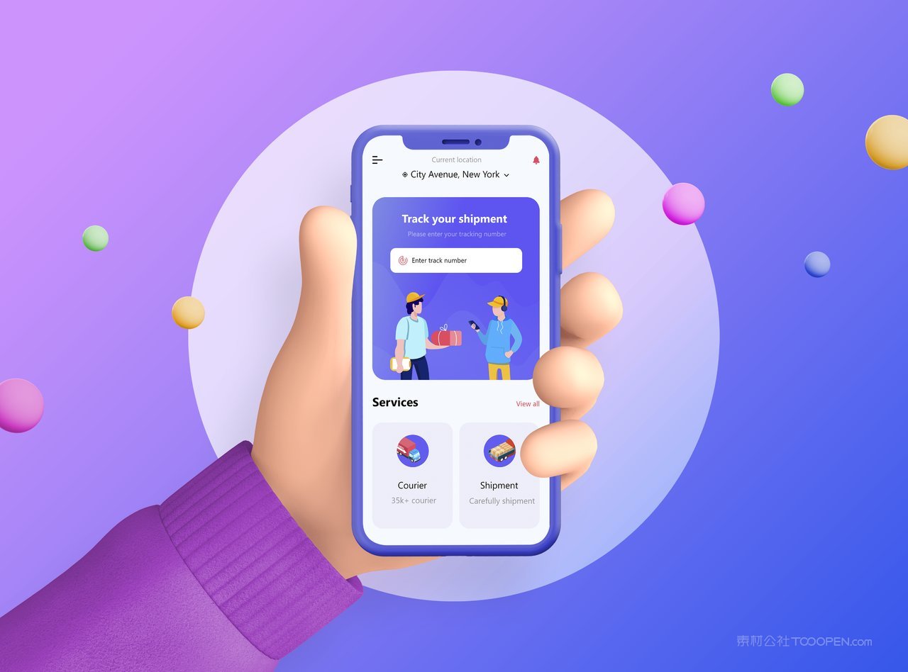 c4d立体卡通手手持手机彩色背景样机