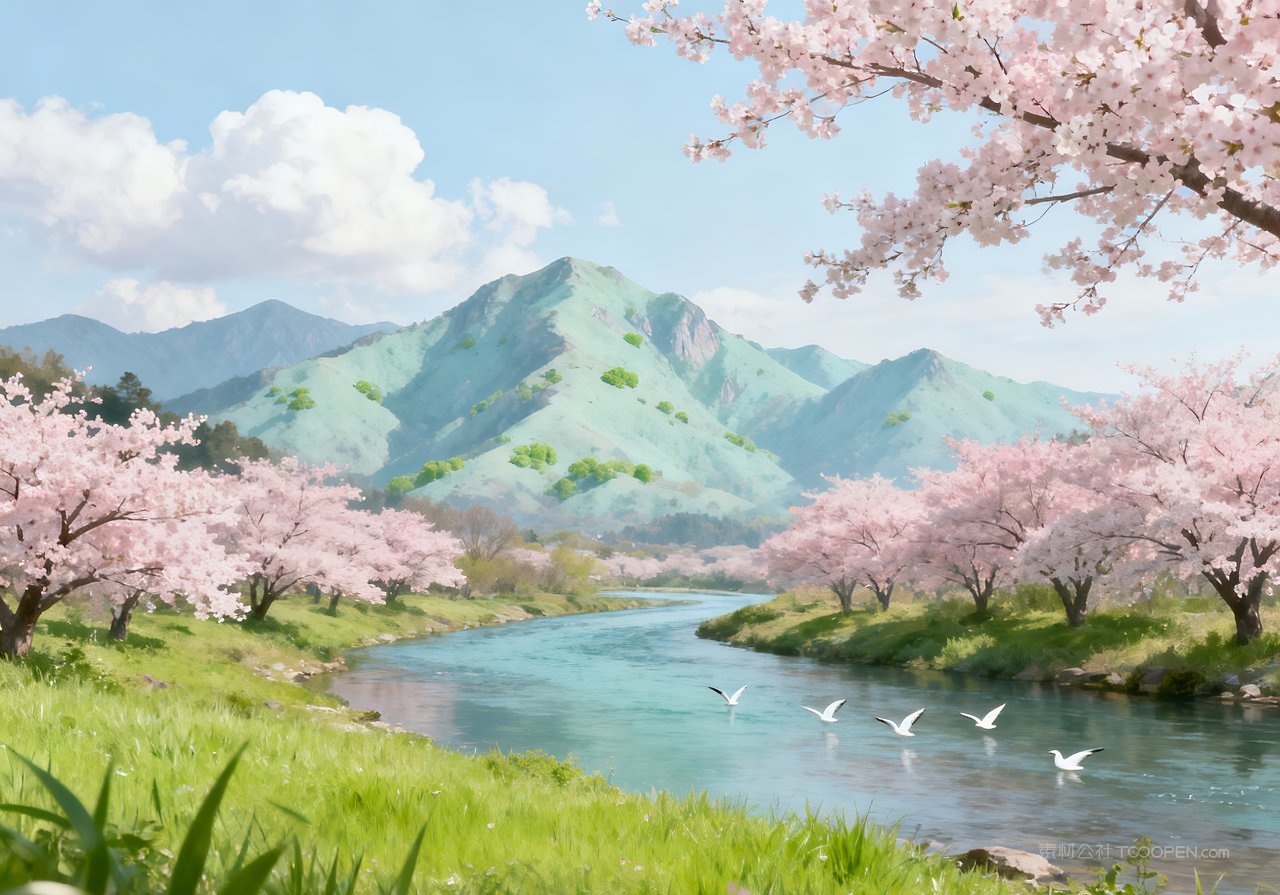 意境唯美山水河流山峰风景春季天空