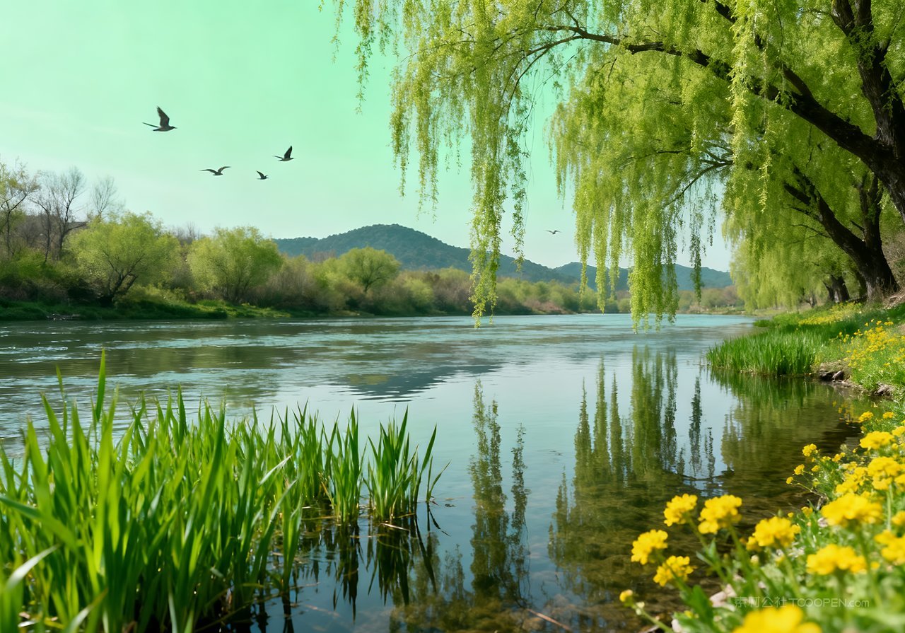 春天意境天空风景春意唯美山峰河流