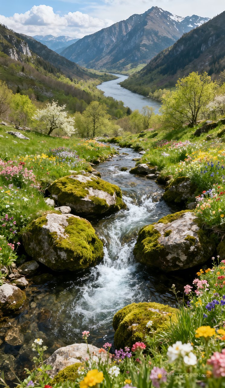 意境唯美山峰天空山水河流风景春天