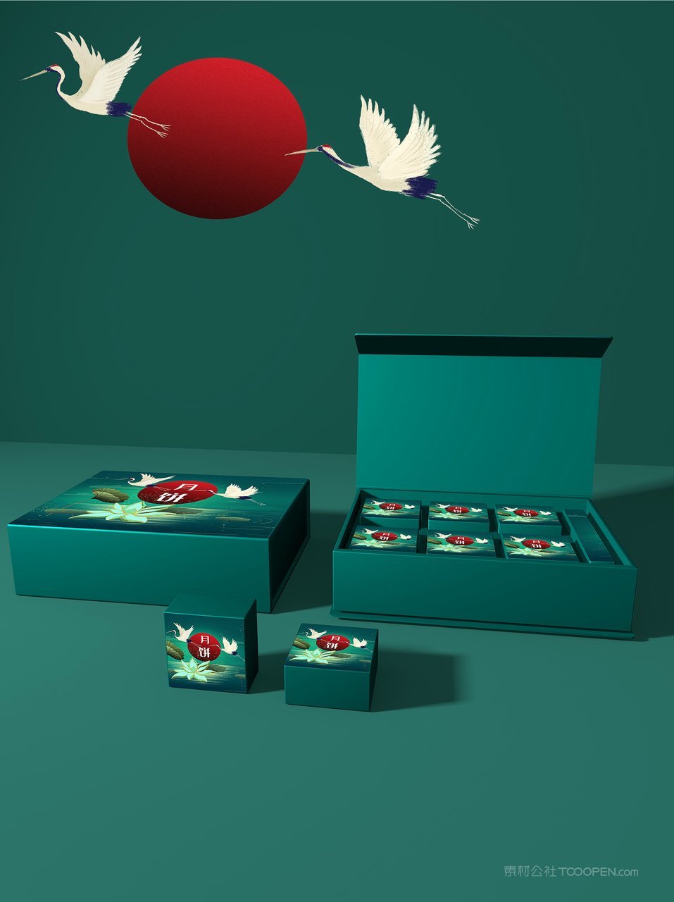 中国风仙鹤绿色中秋月饼礼品盒ps场景样机