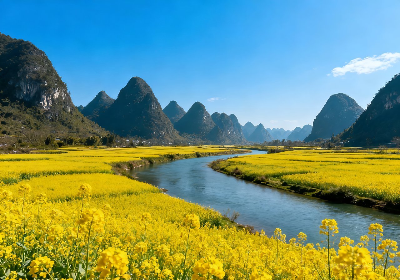 唯美天空风景山峰山水河流春季意境