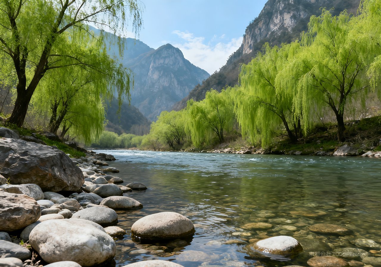 风景天空意境唯美山峰春季山水河流