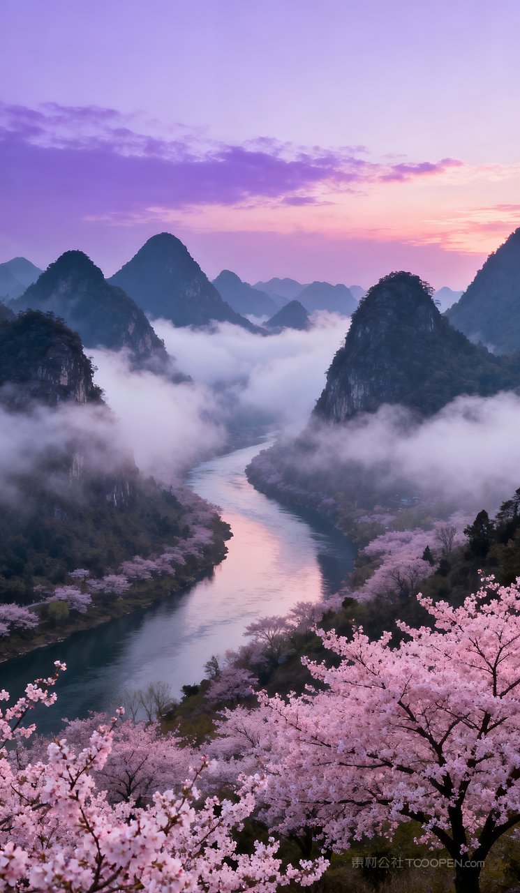天空河流春季自然唯美春天山峰山水景色风景