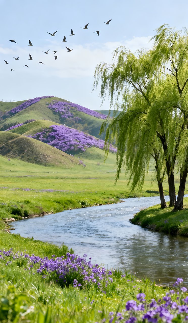 山峰春季风景山水河流天空自然唯美春天