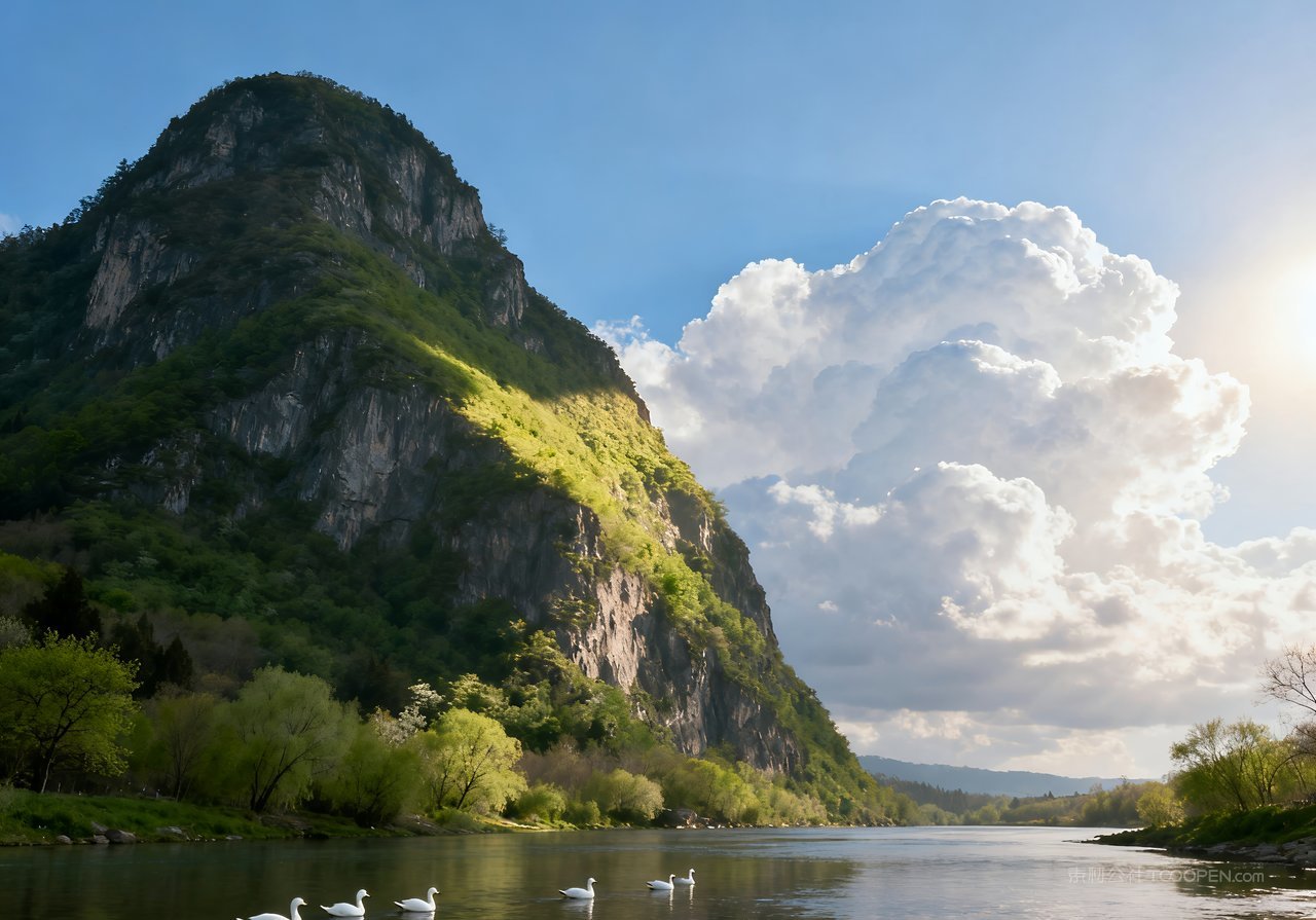 天空山峰风景春意意境自然春天河流