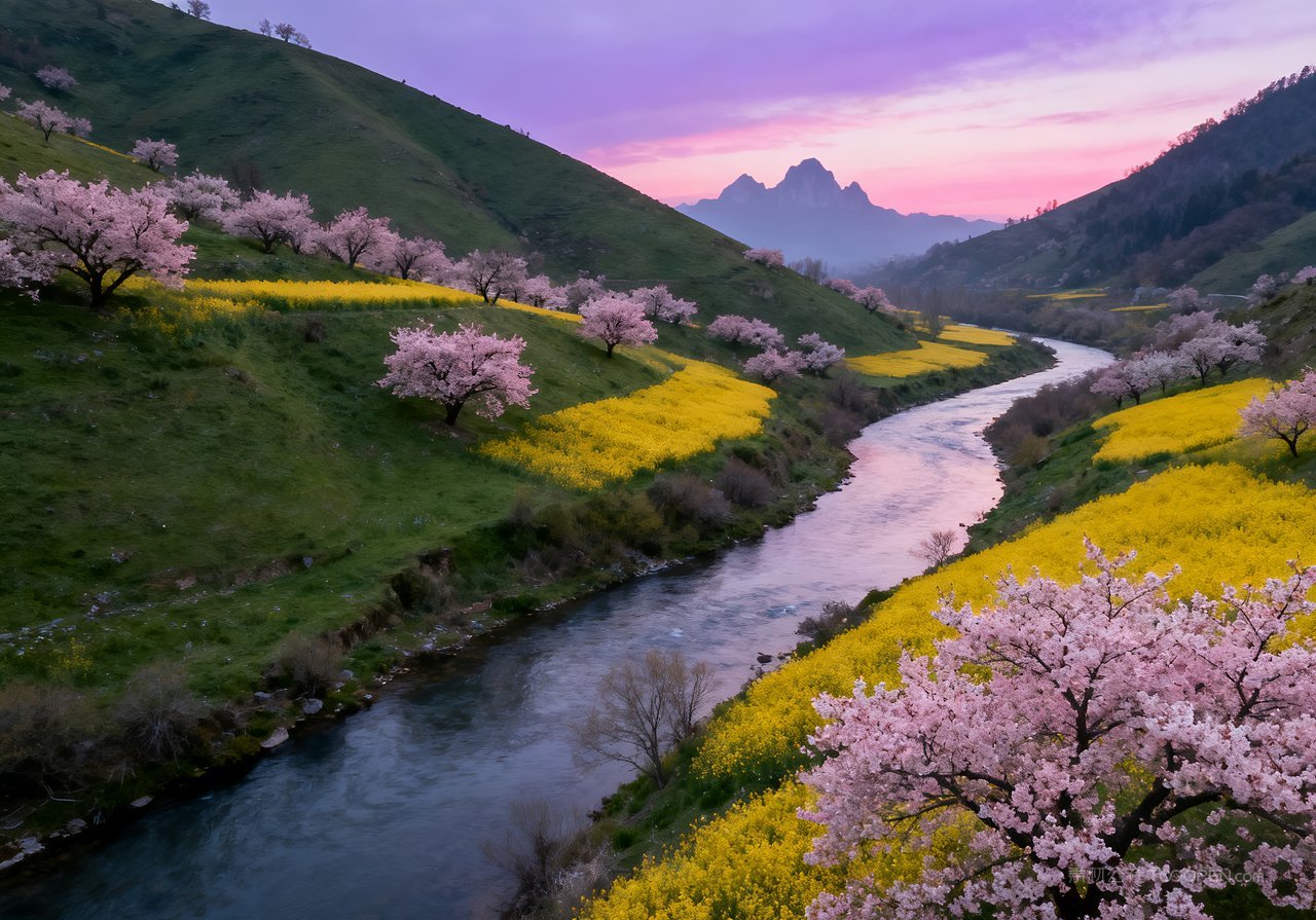 春天天空春意山峰河流意境风景唯美