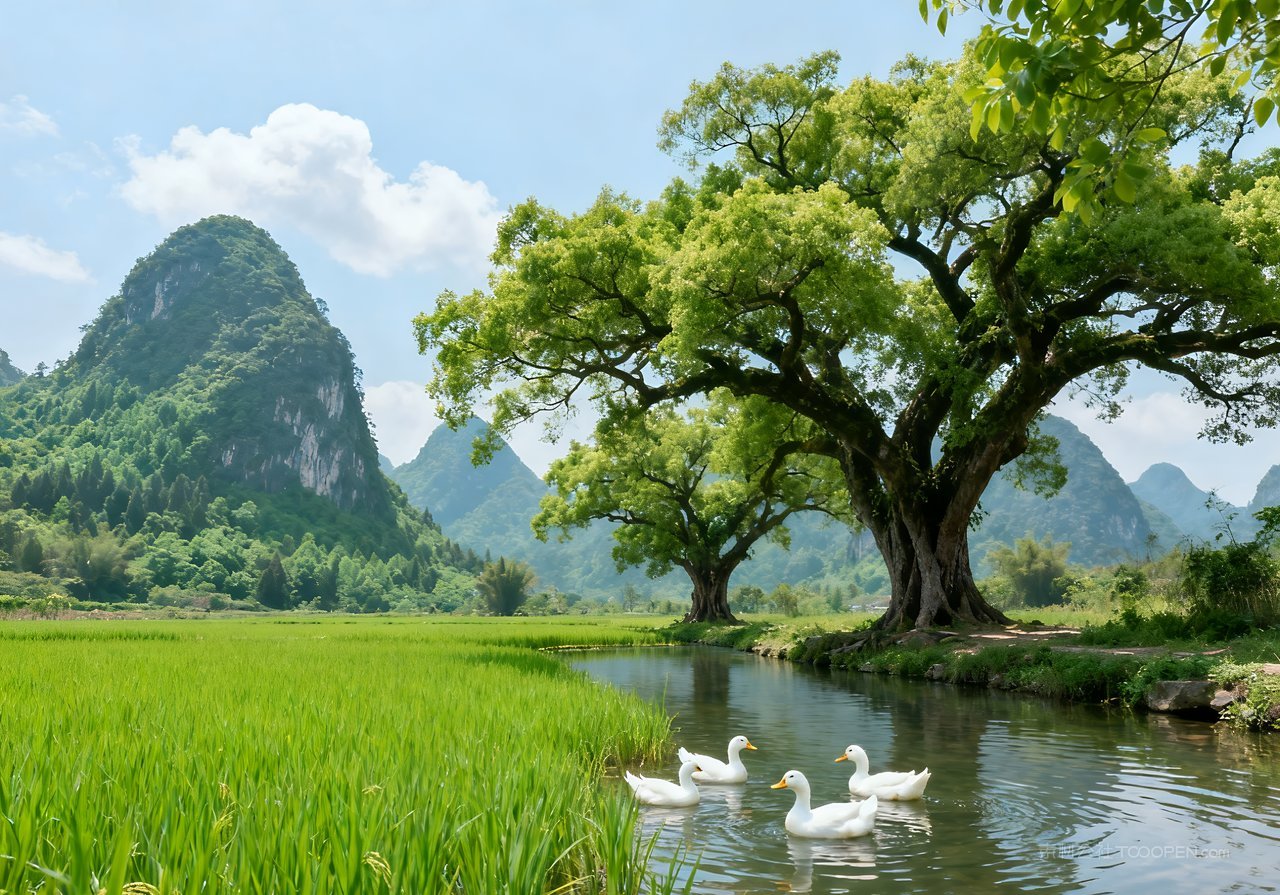 天空春意意境河流春天风景唯美山峰