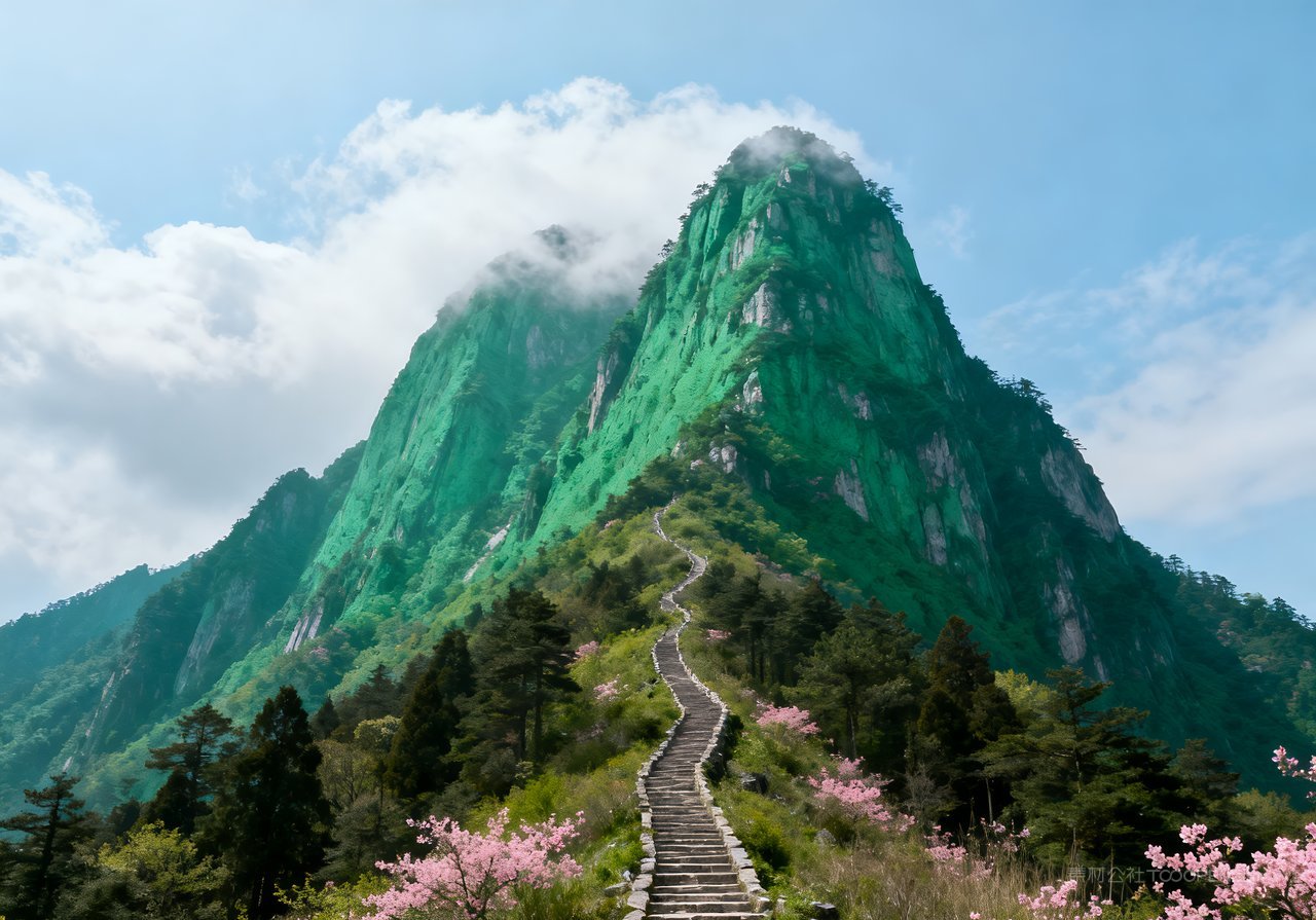 春意山峰天空唯美春天意境河流风景