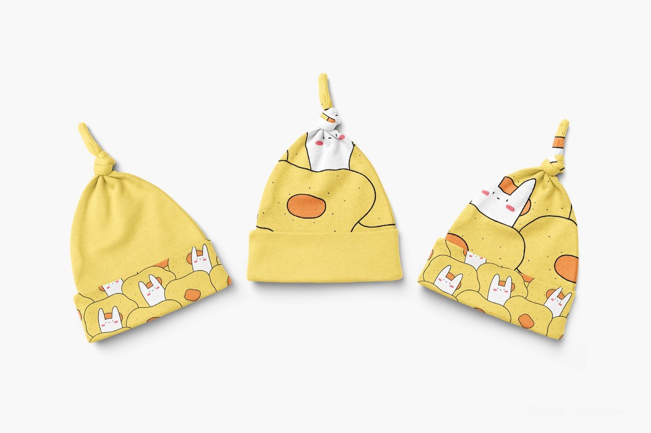 【1387期】黄色小白兔印花图案婴儿婴儿帽样机 (1)
