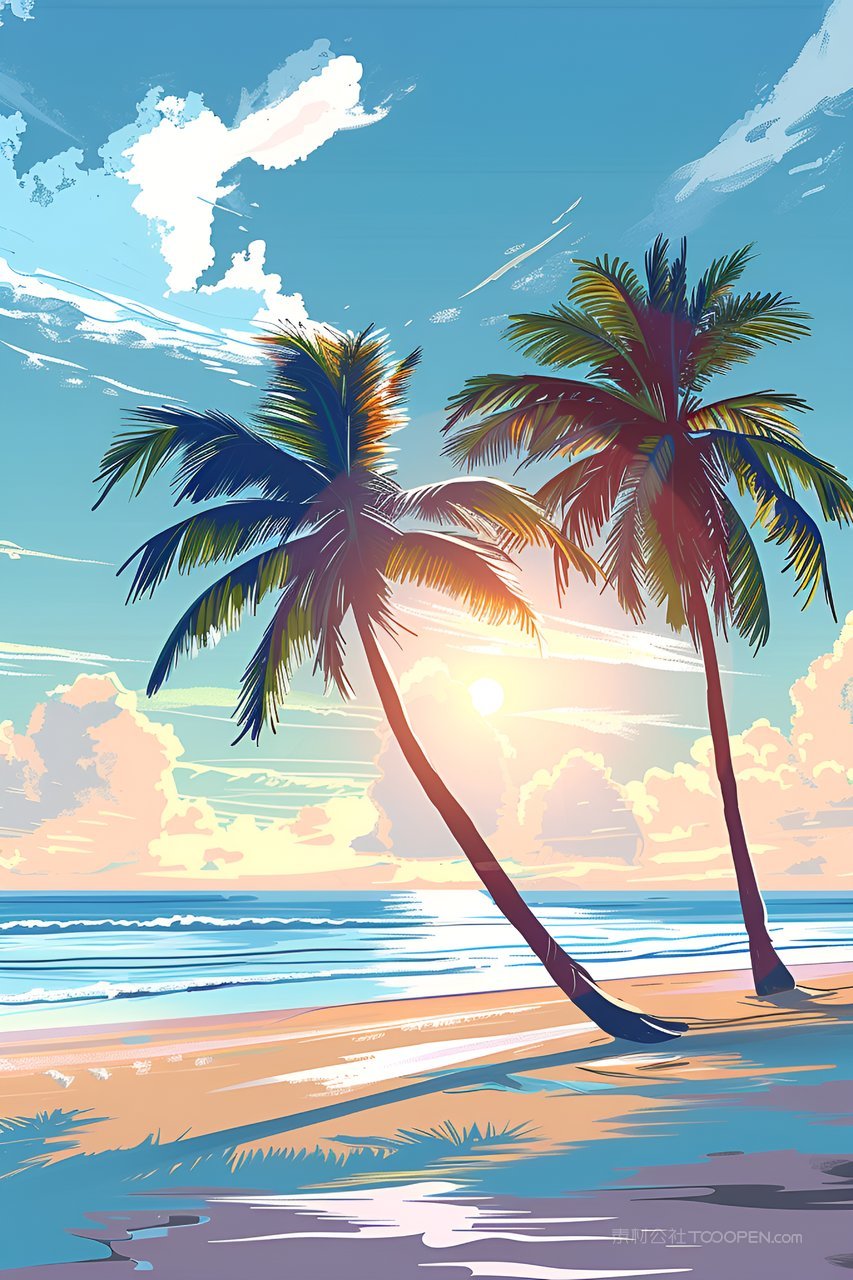 日出海边椰树插画