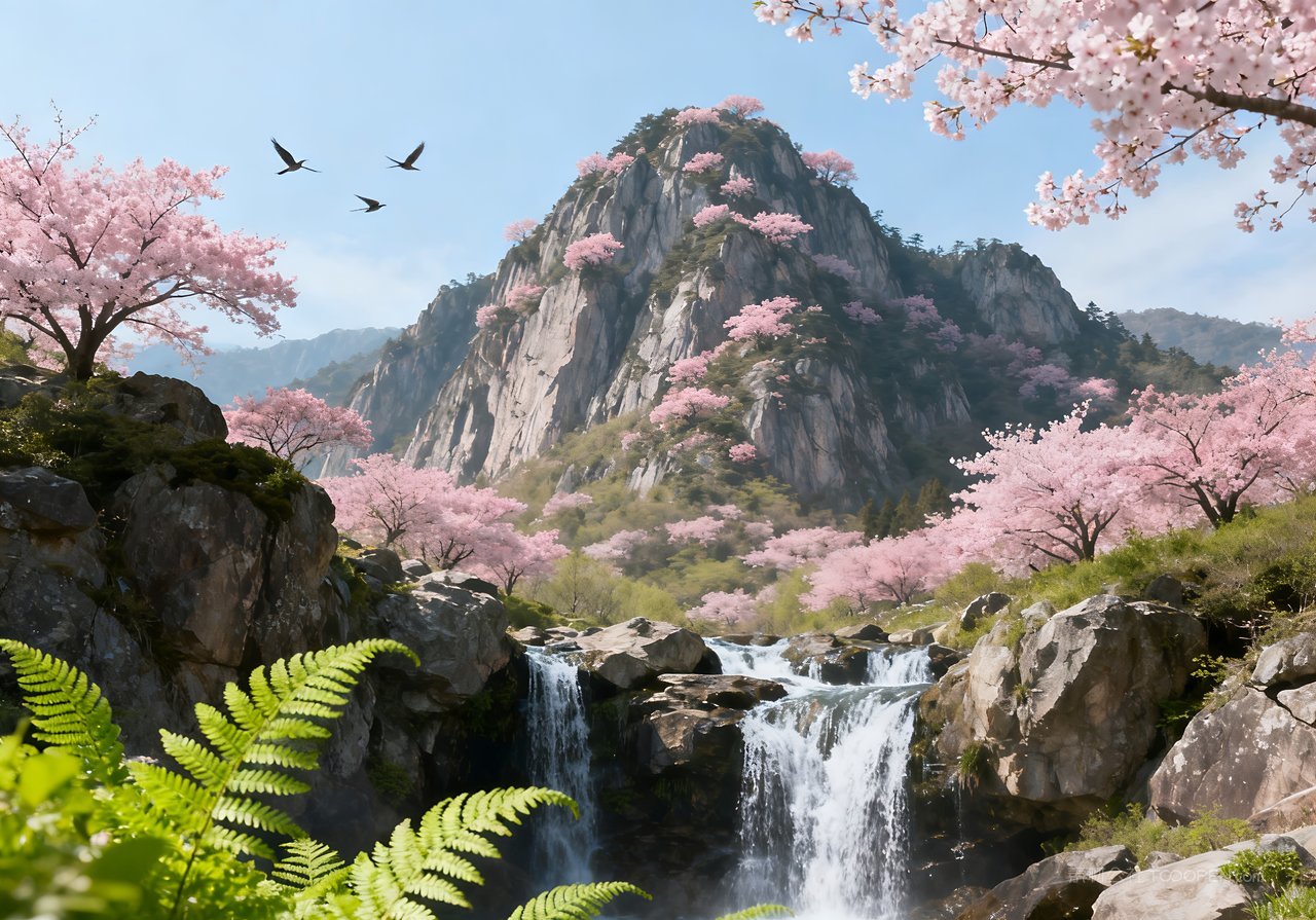 唯美自然天空山峰风景春意河流春天意境