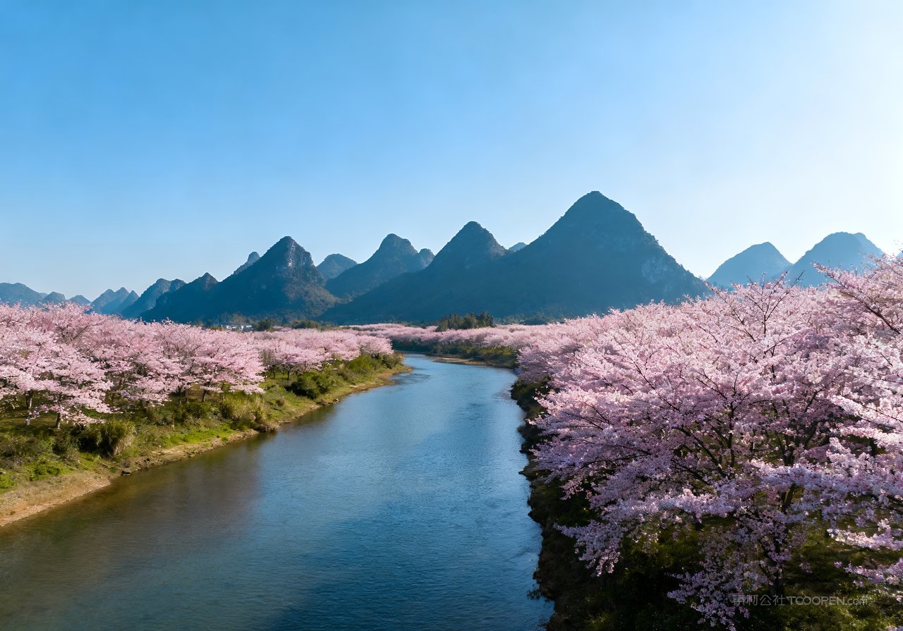 春天自然河流风景山峰意境春意天空