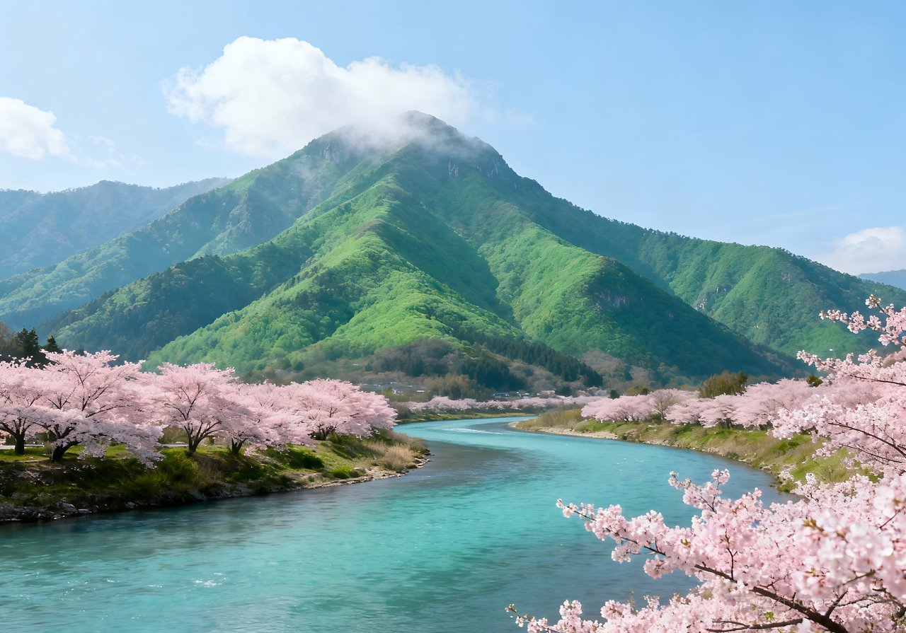 山水春季风景意境天空山峰河流唯美